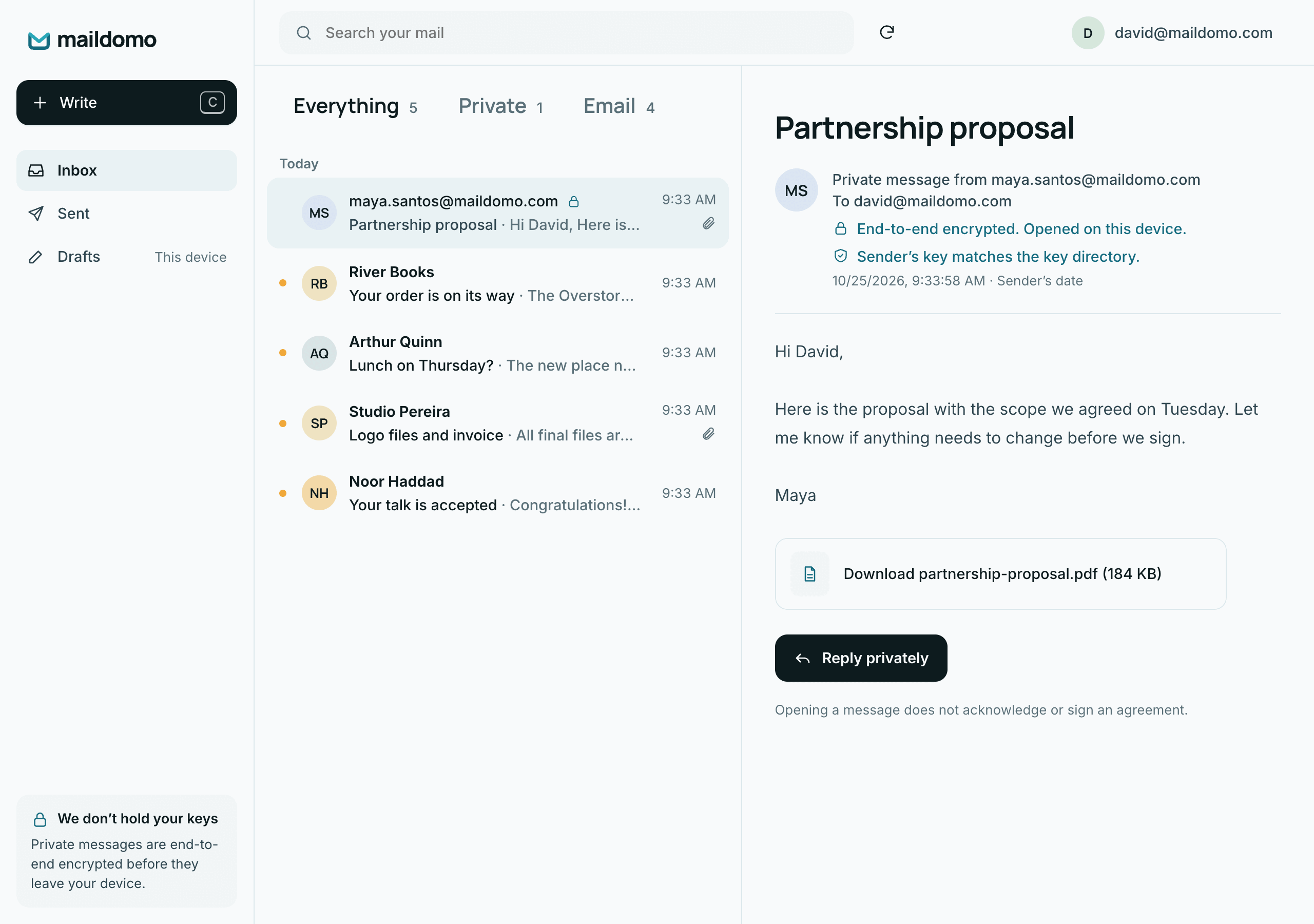 The Maildomo inbox: a private, end-to-end encrypted proposal from Maya Santos is open beside four ordinary emails.